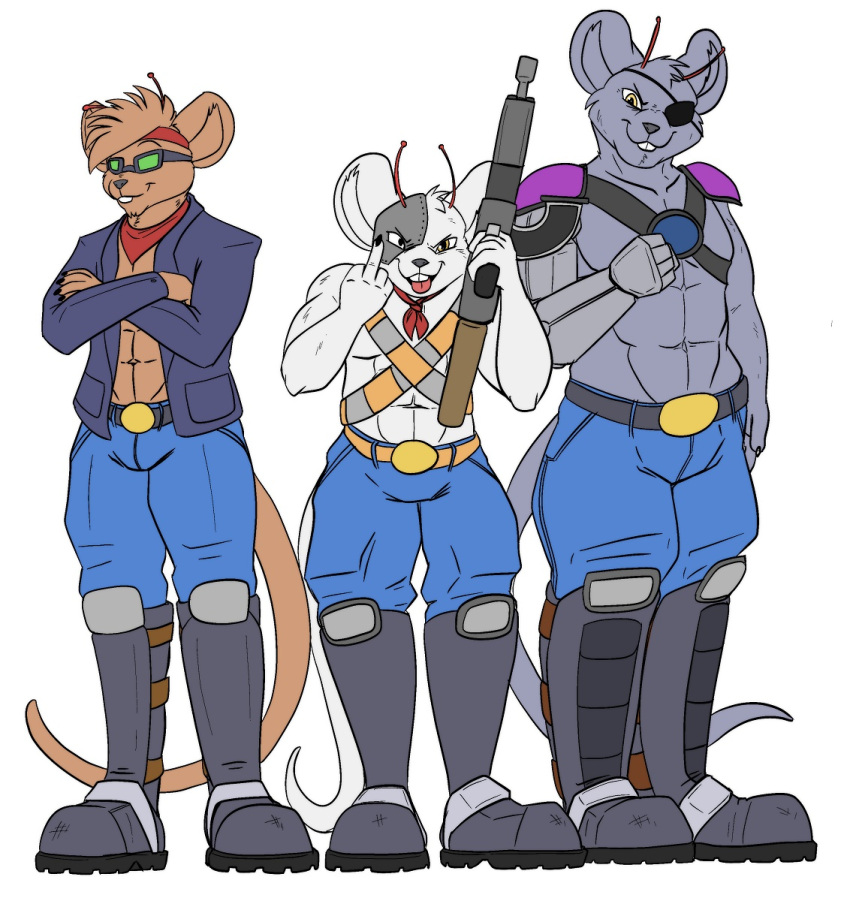 alien anthro biker_mice_from_mars boots clothed clothing crossed_arms dylbun eyewear footwear gesture glasses group hi_res male mammal middle_finger modo mouse murid murine muscular rodent simple_background throttle tongue tongue_out vinnie white_background