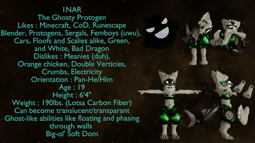 16:9 1nar 3d_(artwork) anthro black_tail claws cybernetics cyborg digital_media_(artwork) english_text fluffy fur ghost green_body hi_res machine male model_sheet neck_tuft pawpads paws protogen shark_tail solo spirit text tuft white_body white_claws white_fur widescreen