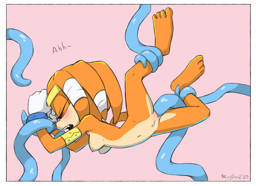 2020 anthro artist_name blue_tentacles blush border breasts chaos_(sonic) echidna eyes_closed female hi_res mammal monotreme nipples nude open_mouth orange_body penetration pink_background qrog sega simple_background solo sonic_adventure sonic_the_hedgehog_(series) tentacle_in_pussy tentacle_penetration tentacles tikal_the_echidna vaginal vaginal_penetration white_border