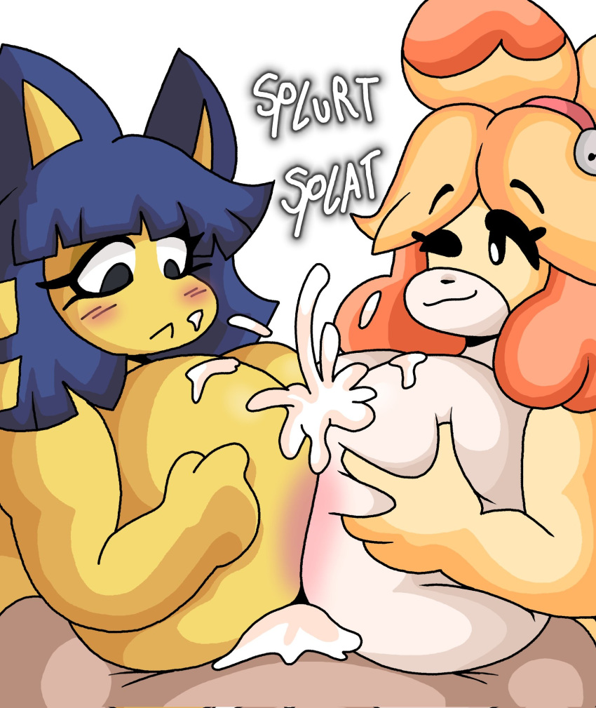 animal_crossing ankha_(animal_crossing) anthro big_breasts bodily_fluids breast_play breasts canid canine canis collaborative collaborative_sex collaborative_titfuck cum domestic_cat domestic_dog felid feline felis female genital_fluids group group_sex hi_res huge_breasts isabelle_(animal_crossing) lewd_dorky male male/female mammal nintendo sex threesome titfuck video_games