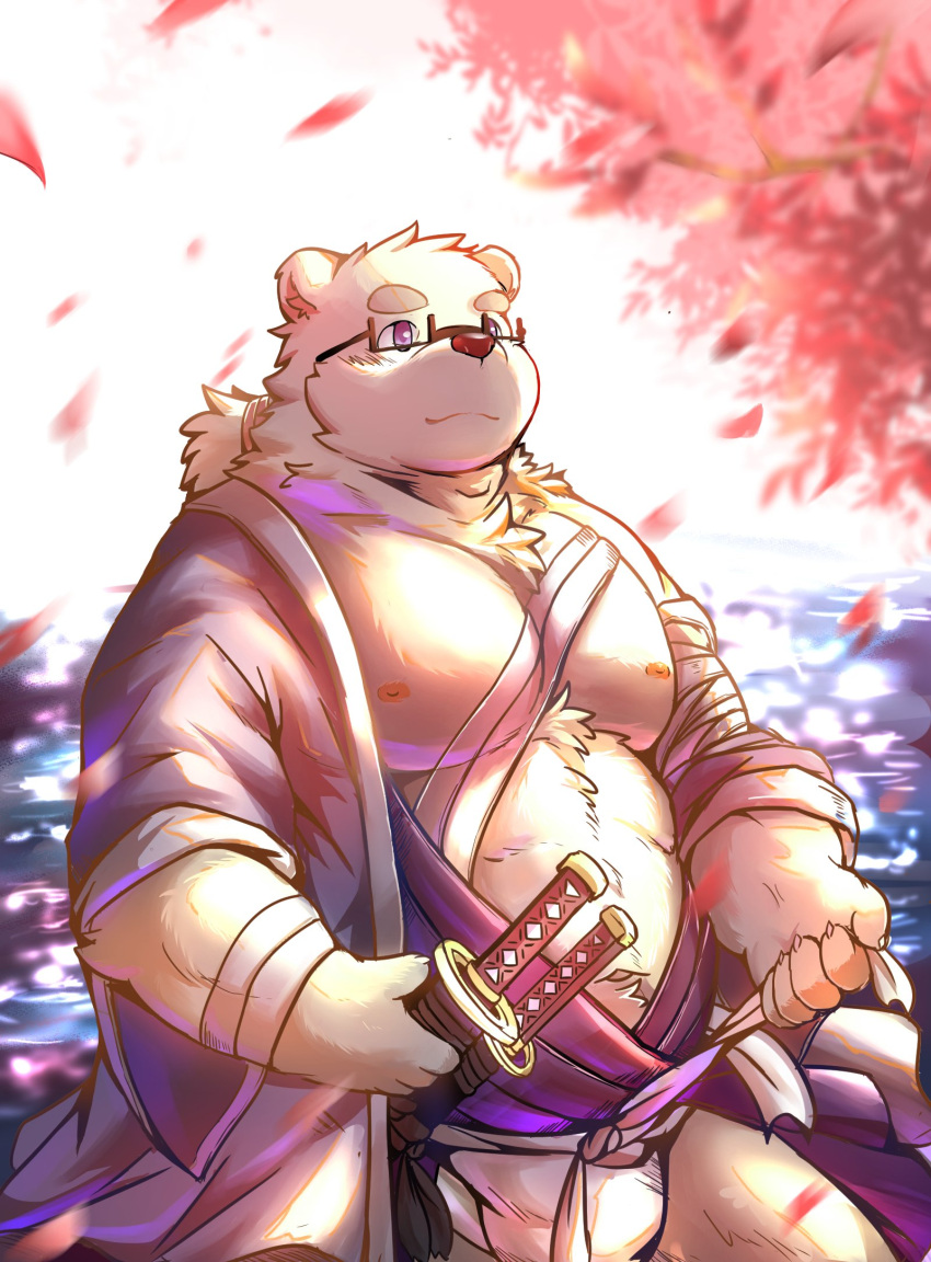 2021 anthro asian_clothing belly cai_yuwang clothing detailed_background east_asian_clothing eyewear fundoshi glasses hi_res humanoid_hands japanese_clothing kemono leib leib_(tas) lifewonders male mammal moobs nipples outside overweight overweight_male plant polar_bear solo tokyo_afterschool_summoners tree underwear ursid ursine video_games weapon white_clothing white_fundoshi white_underwear