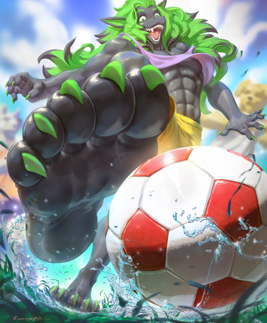 absurd_res ball claws fangs feet foot_fetish foot_focus hi_res humanoid_feet loonyellie male nintendo pok&eacute;mon pok&eacute;mon_(species) smile soccer soccer_ball solo sport video_games zed_burrows zoroark