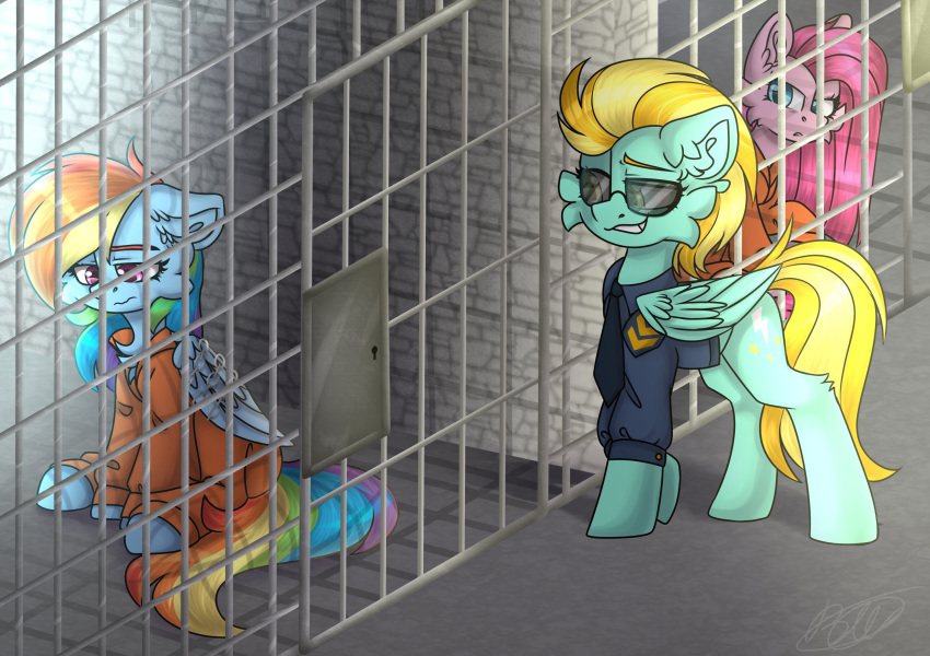 clothing duo female feral friendship_is_magic fufuvhrumov hasbro hi_res lightning_dust_(mlp) my_little_pony pinkamena_diane_pie pinkie_pie_(mlp) police_uniform prison prison_jumpsuit prison_uniform prisoner rainbow_dash_(mlp) uniform