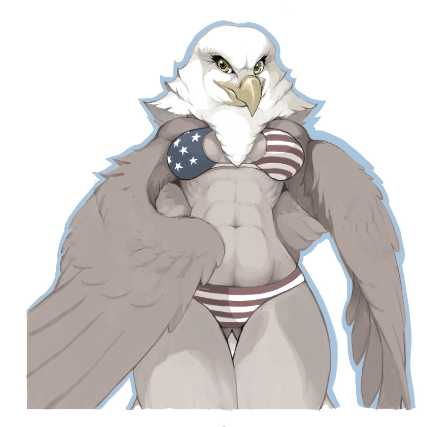 1:1 2020 abs accipitrid accipitriform american_eagle anthro avian bald_eagle beak biceps bikini biped bird black_eyelashes bottomwear bra breasts brown_body brown_feathers cleavage clothed clothing curvy_figure digital_media_(artwork) eagle feathered_wings feathers female foxmode front_view fully_clothed hi_res hourglass_figure looking_at_viewer midriff multicolored_body multicolored_feathers muscular muscular_anthro muscular_female navel non-mammal_breasts portrait sea_eagle signature simple_background skimpy solo stars_and_stripes swimwear tail_feathers thick_thighs three-quarter_portrait topwear two_tone_body two_tone_feathers underwear united_states_of_america white_background white_body white_feathers white_tail wide_hips wings yellow_beak yellow_eyes