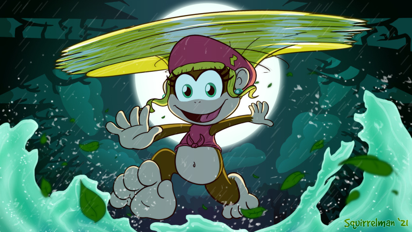 16:9 anthro ape barefoot beret blonde_hair bottomless brown_body brown_fur chimpanzee clothed clothing cloud curls detailed_background digital_media_(artwork) dixie_kong donkey_kong_(series) ear_piercing ear_ring eyelashes feet female fingers flying forest fur gliding green_eyes hair hand_out haplorhine hat headgear headwear hi_res kong leaf light long_hair looking_at_viewer mammal monkey moon moonlight navel night nintendo open_mouth outside paws piercing pink_clothing pink_tongue plant ponytail primate raining sky smile solo spinning splash splashing squirrelman swamp toes tongue topwear tree video_games view_from_below water widescreen