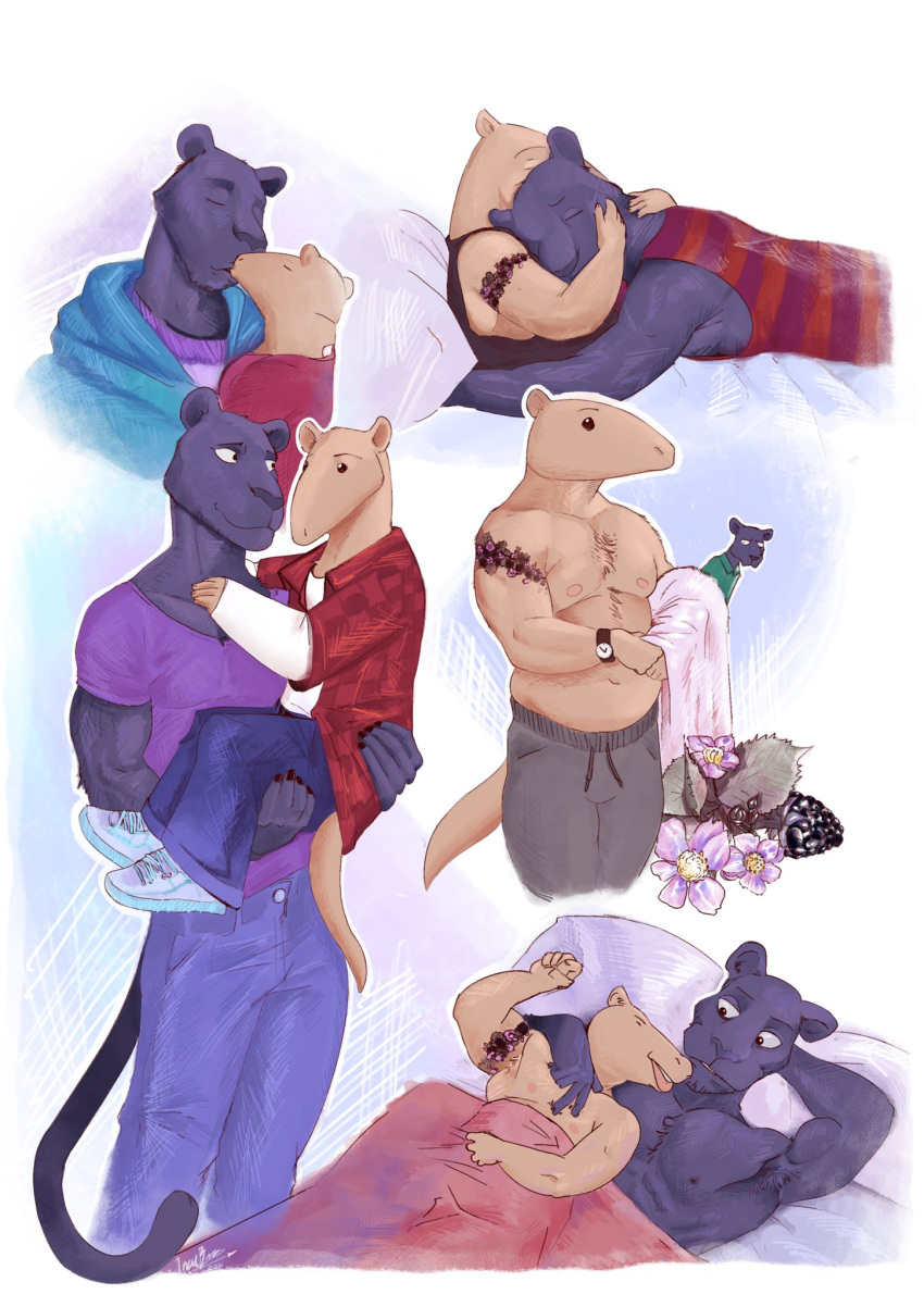 anteater anthro beastars bed burrserk clothed clothing duo embracing felid furniture hi_res kibi_(beastars) kissing male male/male mammal pantherine pilosan tao_(beastars) topless xenarthran