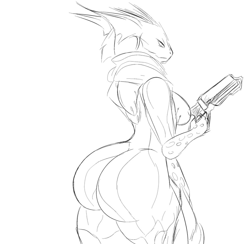 1:1 2016 alien big_butt breasts butt butt_pose girokett greyscale hi_res holding_object holding_weapon monochrome pose saryn_(warframe) side_boob simple_background sketch solo standing tenno video_games warframe weapon white_background