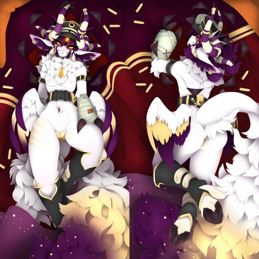 1:1 2021 3_eyes absurd_res animal_humanoid anthro ass_up belt big_butt blush body_pillow bovid breasts bullet butt caprine caprine_demon clothing dakimakura_design dakimakura_pillow dakimakura_pose dakimakura_style demon digital_media_(artwork) ear_piercing ear_ring feathers feet female fluffy fur genitals glowing goat goat_demon gold_(metal) gold_jewelry hair hat headgear headwear hi_res hooves horn horn_jewelry humanoid hybrid jewelry looking_at_viewer mammal mammal_humanoid military military_cap military_uniform multi_eye navel navel_piercing nipples nude piercing pillow pinup pose presenting purple_hair pussy sex simple_background small_breasts smile solo solo_focus striped_body stripes taiga-blackfield tongue tongue_out uniform white_body white_fur yellow_eyes