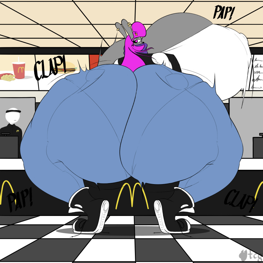 1:1 anthro areola_bumps big_breasts big_butt breasts butt clothed clothing crouching fem_sebbie_(thechavicgerman) female fully_clothed hi_res huge_breasts huge_butt hyper hyper_breasts hyper_butt lagomorph leporid looking_back macro mammal mcdonald's onomatopoeia panty_lines rabbit solo sound_effects text thechavicgerman_(artist) twerking