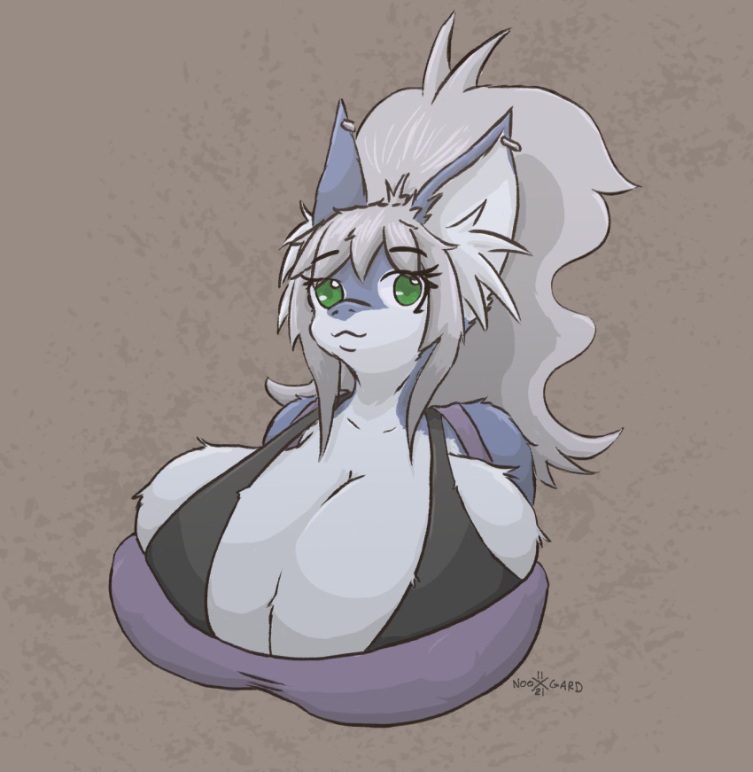 2021 animal_humanoid big_breasts blue_body blue_fur breast_squish breasts bust_portrait cleavage clothed clothing dragon dragon_humanoid ear_piercing female flayra fur furred_dragon furred_dragon_humanoid green_eyes grey_hair hair hi_res huge_breasts humanoid hyper hyper_breasts ineffective_clothing inner_ear_fluff looking_at_viewer nooxgard piercing portrait solo squish tuft