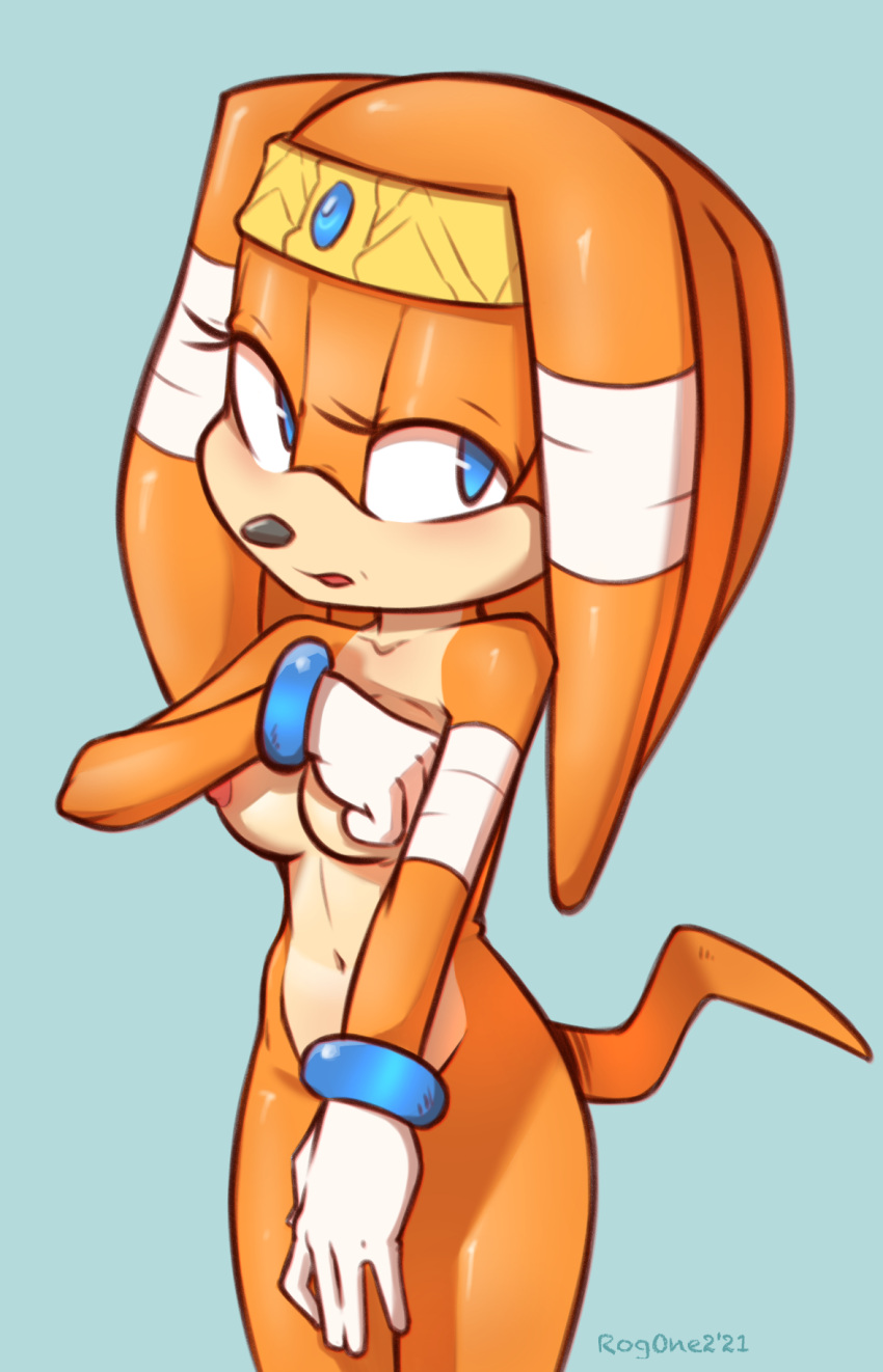 2021 anthro blue_background blue_eyes breasts clothing covering covering_breasts covering_crotch covering_self digital_media_(artwork) echidna female gloves handwear hi_res mammal monotreme mostly_nude navel nipples orange_body portrait qrog sega shaded simple_background solo sonic_adventure sonic_the_hedgehog_(series) standing three-quarter_portrait three-quarter_view tikal_the_echidna