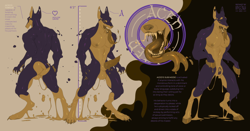 absurd_res aced_dobie bassenji bdsm black_goo bodily_fluids canid canine canis chastity_bulge chastity_device claws dobermann domestic_dog dominant english_text equid equine genitals goo_(disambiguation) goo_creature hi_res hooves horse lore male mammal model_sheet monster muscular nub_tail null_bulge paws pecs pinscher rubber solo submissive tall text tongue