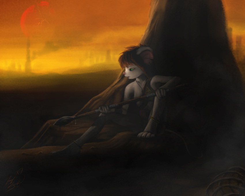 2015 5:4 anthro breasts chip_'n_dale_rescue_rangers digital_media_(artwork) digital_painting_(artwork) disney female gadget_hackwrench green_eyes hair holding_object holding_spear holding_weapon melee_weapon orange_hair plant polearm signature sitting sitting_on_ground solo spear tan_body tree warm_colors weapon xtreme7