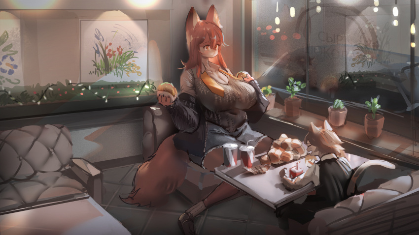 absurd_res ambiguous_gender anthro beverage big_breasts biped breasts burger canid canine clothed clothing duo eyes_closed female food footwear fox fur hair hi_res holding_food holding_object huge_breasts kemono larger_female laugh mammal plant plant_pot potted_plant red_body red_fur red_hair restaurant russian_text shoes sitting size_difference soda text translated utterangle white_body white_fur yellow_eyes