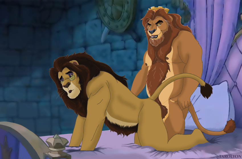 anal anal_penetration anthro bed belly body_hair daddy_kink disney duo eyewear father felid feline fluffy furniture glasses grey_muzzle happy_trail hi_res king king_richard lion male male/male mammal mane musclegut pantherine parent penetration robin_hood_(disney) royalty sex tarolyon