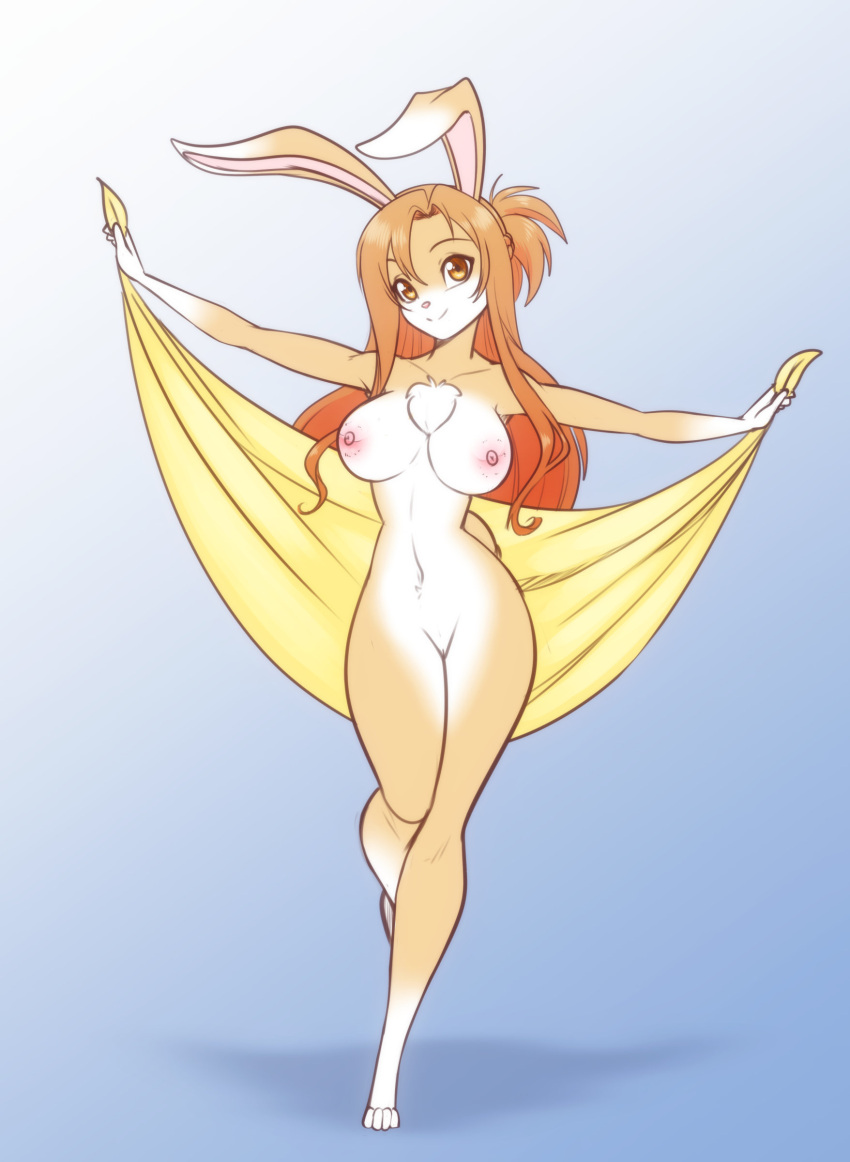 2021 absurd_res amber_eyes anthro areola asuna_yuuki breasts brown_hair chest_tuft dipstick_ears eyebrows eyelashes female fur genitals gloves_(marking) hair hi_res highlights_(coloring) lagomorph leg_markings leporid long_ears long_hair looking_at_viewer mammal markings multicolored_ears navel nipples nude orange_highlights pussy rabbit scorpdk smile socks_(marking) solo sword_art_online tan_body tan_fur towel tuft white_body white_fur