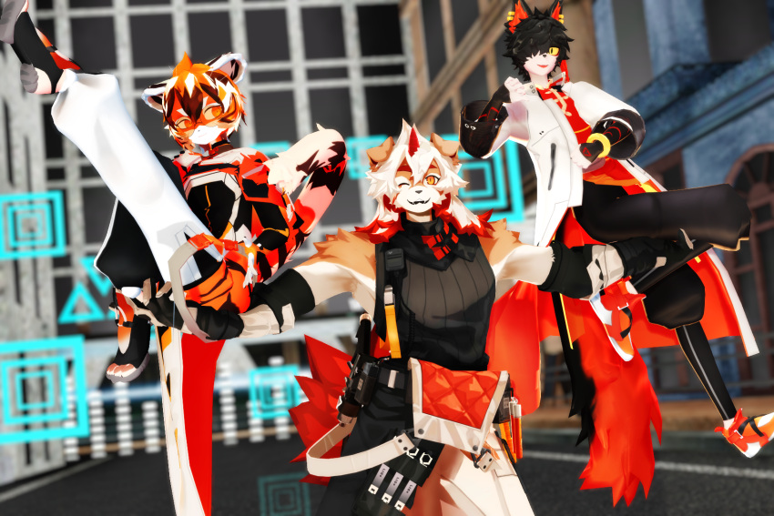 3:2 aak_(arknights) anthro arknights black_body black_hair canid canine canis carrying_partner clothed clothing domestic_dog felid female fur group hair hi_res horn hung_(arknights) hypergryph male malicekira mammal multicolored_body multicolored_fur multicolored_hair orange_body orange_fur orange_hair pantherine short_hair studio_montagne tiger video_games waaifu_(arknights) white_body white_fur white_hair