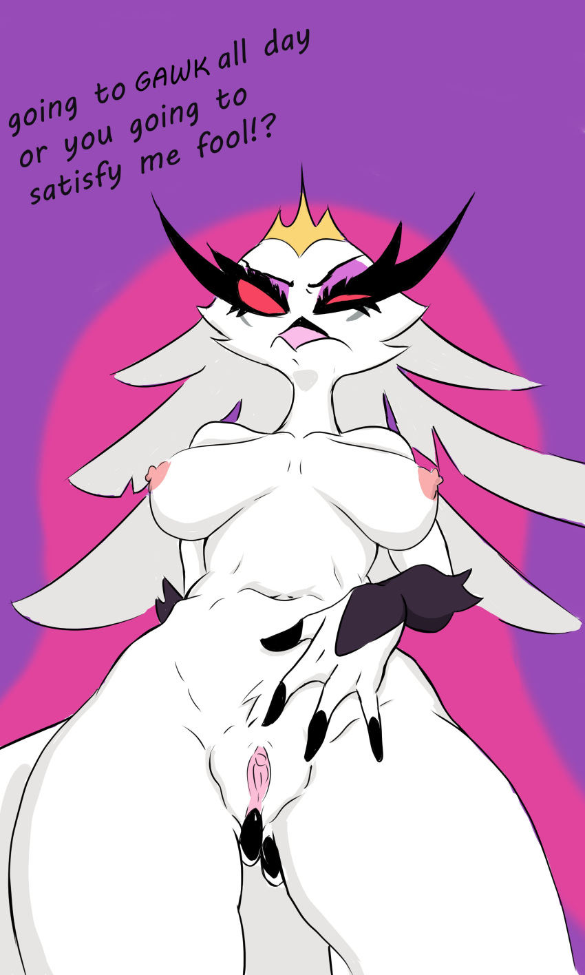 absurd_res angry anthro aptom7747 avian big_breasts bird breasts claws clothing crown demon dialogue feathers female genitals helluva_boss hi_res legwear looking_at_viewer low-angle_view mature_female mostly_nude navel nipples non-mammal_breasts owl pink_nipples pink_pussy pussy red_eyes simple_background solo stella_(helluva_boss) thigh_highs white_body white_feathers