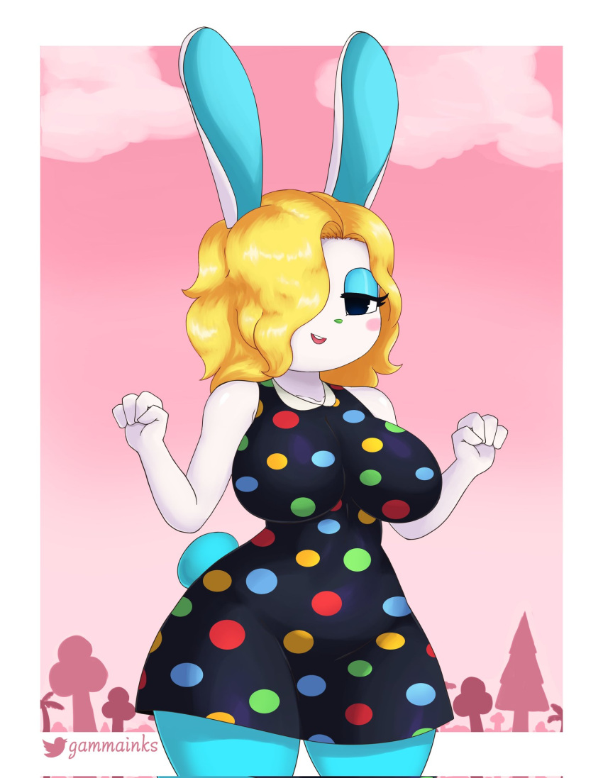 animal_crossing anthro big_breasts blonde_hair breasts clothing dress female francine_(animal_crossing) gammainks hair hi_res lagomorph leporid mammal nintendo rabbit solo standing video_games