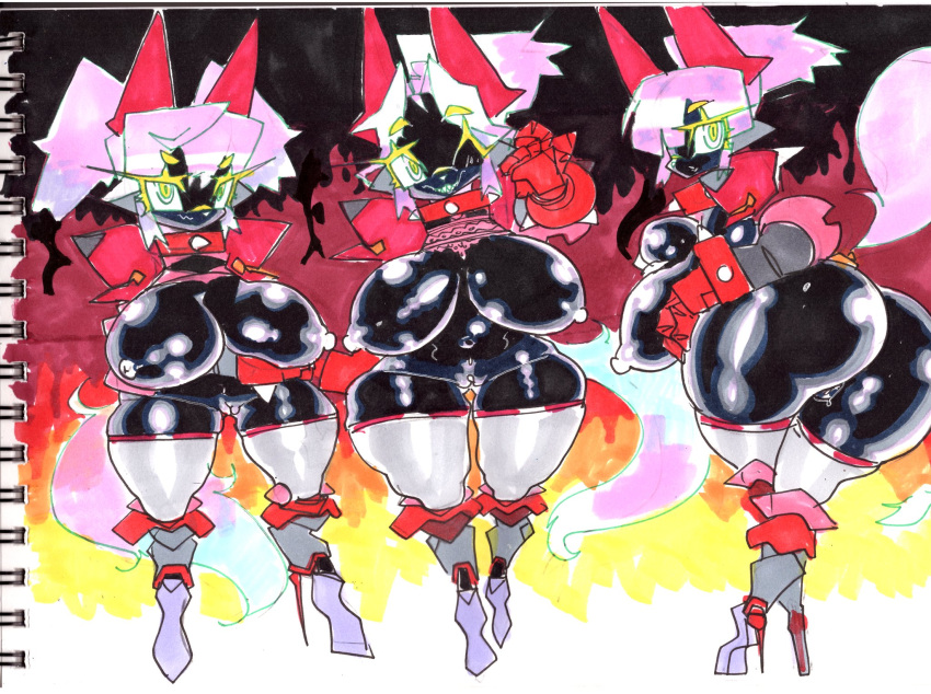 android anthro big_breasts big_butt black_body black_skin breast_squish breasts butt canid canine clothing collar female genitals glistening glistening_body group gynoidherring hair hand_on_hip hi_res high_heels holding_breast huge_breasts huge_butt huge_hips humanoid legwear looking_at_viewer looking_back machine mammal mostly_nude nipples one_eye_closed pink_hair pussy robot smile spiked_collar spikes squish thick_thighs thigh_highs traditional_media_(artwork) wide_hips wink yellow_eyes