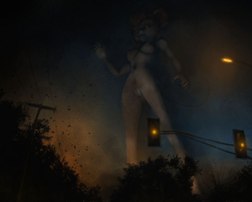 2015 5:4 5_fingers anthro breasts chip_'n_dale_rescue_rangers destruction digital_media_(artwork) digital_painting_(artwork) disney ear_piercing ear_ring female fingers gadget_hackwrench genitals green_eyes hair humanoid_hands low-angle_view macro mammal mouse murid murine night nipples nude nude_female orange_hair outside piercing pussy rodent standing tan_body traffic_light xtreme7