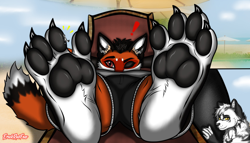 4_toes 5_toes absurd_res anthro barefoot beach between_toes black_claws black_ears black_hair black_nose black_pawpads boxer_briefs brown_eyes canid canine chair claws close-up clothing duo erickredfox feet felid foot_focus fox fur furniture hair hands_behind_head hi_res larger_anthro larger_male looking_at_another looking_at_viewer lying macro male male/male mammal markings micro micro_on_macro multicolored_body multicolored_fur on_back one_eye_closed pantherine pawpads paws red_body red_fur red_tail redrick_(erickredfox) resting sea seaside size_difference sky smaller_anthro smaller_male smile smiling_at_viewer soles tiger toes two_tone_body two_tone_fur umbrella underwear water white_body white_fur yellow_eyes