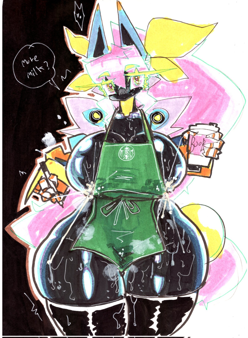 &lt;3 android apron apron_only barista big_breasts black_body black_skin bodily_fluids breasts cleavage clothed clothing coffee_cup container cup female genital_fluids gynoidherring hair hi_res huge_breasts huge_hips huge_thighs humanoid i_mean_breast_milk lactating lactating_through_clothing legwear looking_at_viewer machine meme merci milk mostly_nude nipple_outline nipples pen pink_hair projectile_lactation pussy_juice robot side_boob solo sweat thick_thighs thigh_highs traditional_media_(artwork) wet wet_clothing wide_hips