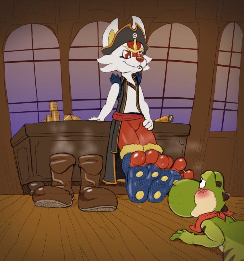 2021 3_toes anthro barefoot blush bodily_fluids boots brown_boots brown_clothing brown_footwear cinderace clothing duo feet foot_fetish foot_sniffing footwear hi_res hindpaw inside kerchief looking_at_feet male mario_bros musk neckerchief nintendo on_ground paws pirate_hat pok&eacute;mon pok&eacute;mon_(species) pokemon_unite rad-lizer red_kerchief red_neckerchief smelly smelly_feet sniffing soles spread_toes steam sweat sweaty_feet toes video_games yoshi