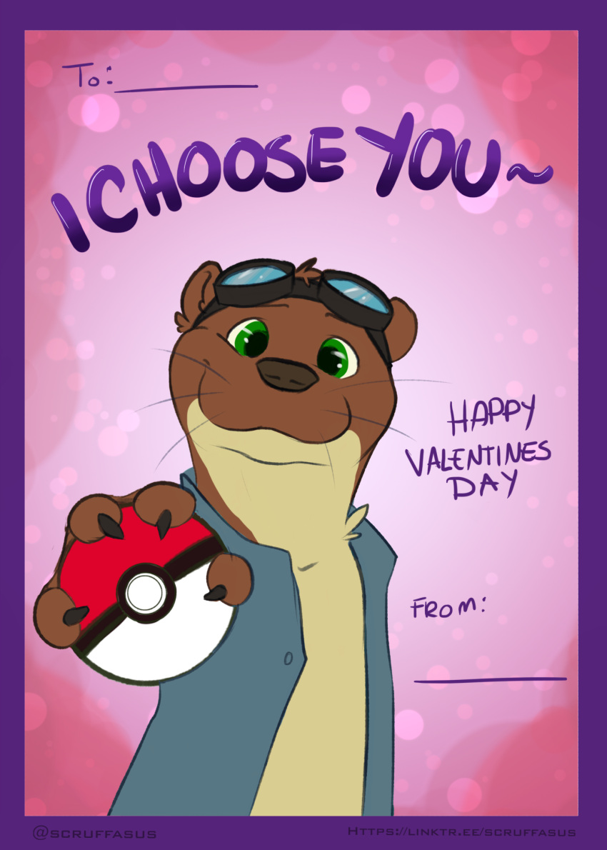 anthro black_nose brown_body bryce_daeless clothing countershading english_text green_eyes hi_res holiday_message holidays lutrine male mammal mustelid nintendo paws pok&eacute;ball pok&eacute;mon scruffasus shirt tan_body text topwear valentine's_day video_games