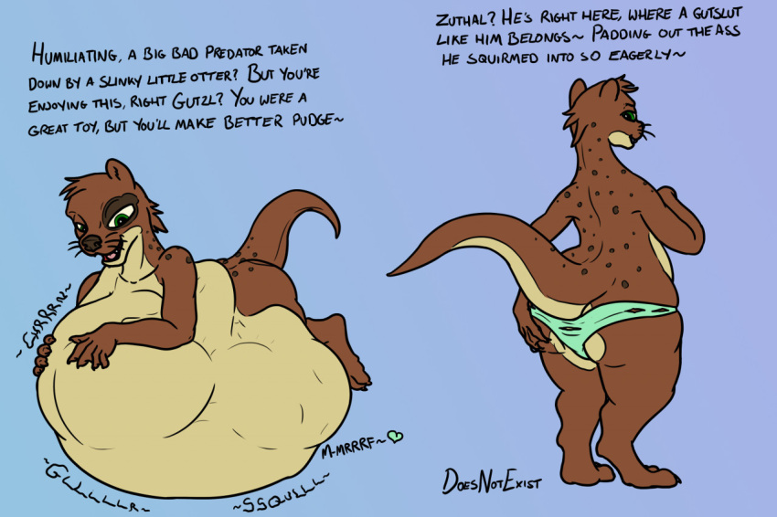 abdominal_bulge after_vore ambiguous_gender ambiguous_prey anthro anthro_pred black_nose brown_body brown_markings bryce_daeless clothing countershading digestion doesnotexist duo english_text eye_markings green_eyes looking_back lutrine male male_pred mammal markings mustelid panties paws rathalos122 smaller_pred solo_focus spots tan_body text underwear vore weight_gain