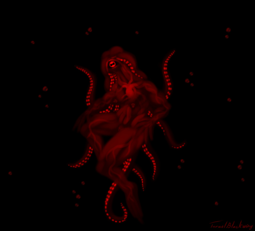 1_eye animal_humanoid areola bioluminescence black_and_red black_sclera bubble cephalopod cephalopod_humanoid darkness deity eldritch_horror female floating genitals glowing hi_res horizontal_pupils humanoid looking_at_viewer marine marine_humanoid mollusk mollusk_humanoid monochrome mouthless nipples nude pupils pussy red_body red_eyes rhodaab solo taraelblackwing tentacles teratophilia translucent translucent_body underwater vein water