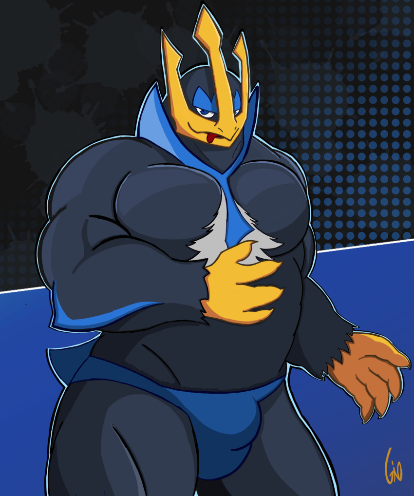 animal_humanoid anthro anthrofied avian avian_humanoid barazoku bird bird_humanoid body_hair bulge chest_hair chest_tuft clothed clothing crown digital_drawing_(artwork) digital_media_(artwork) empoleon fan_character gio-joe gradient_background hand_on_stomach hi_res humanoid looking_at_viewer male musclegut muscular muscular_anthro muscular_male napoleon_triomphe nintendo pattern_background penguin penguin_humanoid pok&eacute;mon pok&eacute;mon_(species) signature simple_background solo suggestive suggestive_look suggestive_pose tongue tongue_out tuft underwear underwear_only video_games