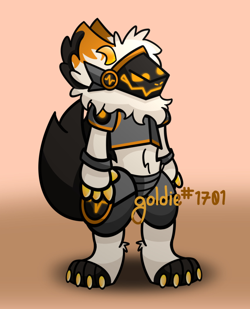 absurd_res ambiguous_gender anthro armor black_body black_fur black_tail breastplate claws emblem flat_colors fur glowing glowing_eyes goldie_(artist) goldie_the_protogen hi_res horn machine metal metallic_body orange_body orange_claws orange_eyes orange_face orange_fur orange_horn protogen shaded simple_background simple_shading solo tail_tuft tuft tufted_ears tufted_fur white_body white_fur