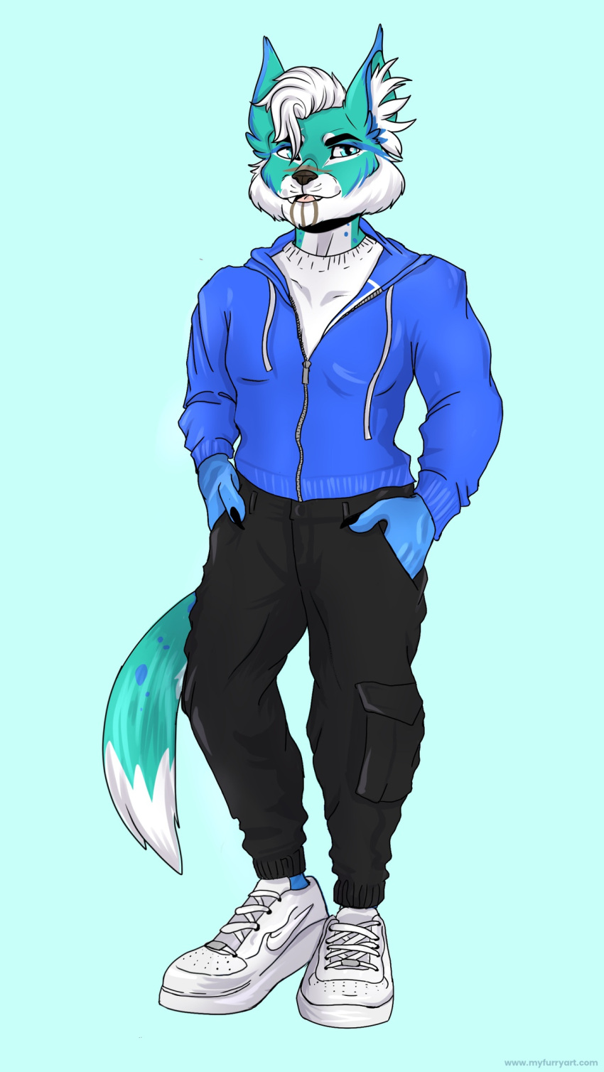 anthro clothed clothing falyx felid feline footwear hi_res looking_at_viewer lynx male mammal masculinity muscular muscular_anthro muscular_male my_furry_art shoes smile sneakers solo zipper