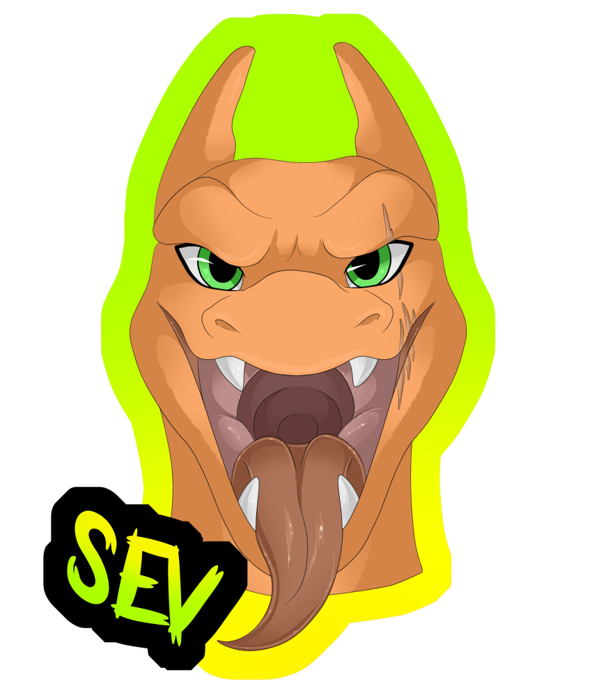 badge charizard charizard_seven eye_scar facial_scar green_eyes hi_res male mouth_shot nintendo open_mouth pok&eacute;mon pok&eacute;mon_(species) scalie scar sharp_teeth teeth theothefox tongue tongue_out video_games