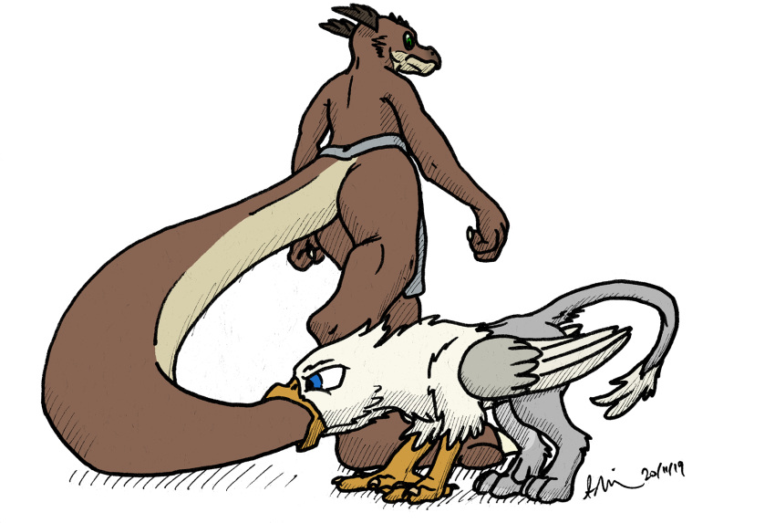 anthro anthro_prey avian biped brown_body bryce_daeless claws countershading der doesnotexist duo feathered_wings feathers feral feral_pred green_eyes gryphon hi_res horn kobold male male_pred male_prey micro mythological_avian mythology nirvash oral_vore size_difference smaller_pred tan_body vore wings