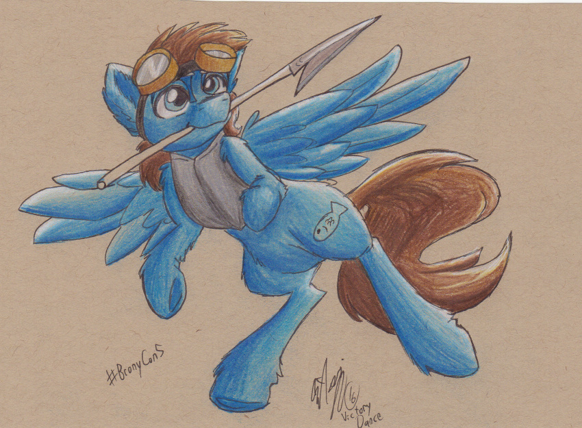 armor bell blue_body blue_eyes bound bow brown_mane collar equid equine eyewear eyewear_on_head fan_character feathered_wings feathers gift goggles goggles_on_head harpoon hasbro hi_res hooves jingle_bell legs_tied male mammal mane melee_weapon my_little_pony pegasus polearm quadruped rice_(artist) seaward_skies solo spear victorydance weapon wings