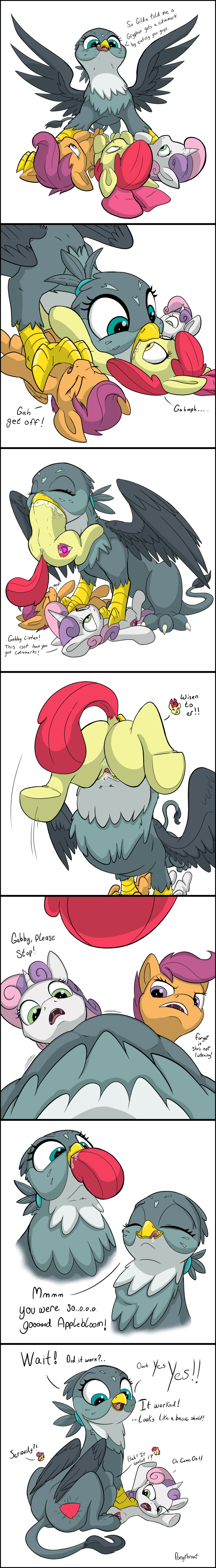 2016 absurd_res accessory apple_bloom_(mlp) avian beak black_border bodily_fluids border butt comic cutie_mark_crusaders_(mlp) dialogue drooling earth_pony english_text equid equine eyes_closed feathered_wings feathers female feral friendship_is_magic gabby_(mlp) group gyrotech hair hair_accessory hair_bow hair_ribbon hasbro hi_res hooves horn horse licking licking_lips long_image lying mammal my_little_pony on_back open_mouth pegasus pinned pony ponythroat ribbons saliva scootaloo_(mlp) self_lick simple_background spread_wings suggestive sweetie_belle_(mlp) tall_image text tongue tongue_out underhoof unicorn vore white_background wings young