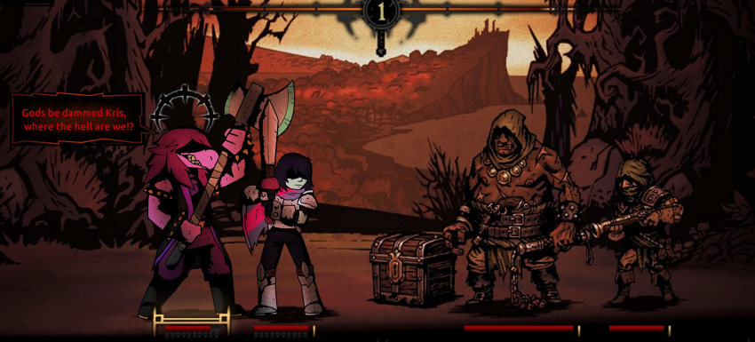 2021 abatilus absurd_res anthro armband armor axe black_hair bracelet clothed clothing darkest_dungeon deltarune dinosaur duo english_text female group gun hair hi_res holding_axe holding_object holding_sword holding_weapon human humor jewelry kris_(deltarune) kris_where_are_we male mammal melee_weapon meme obscured_eyes outside parody purple_body purple_hair ranged_weapon reptile scalie screencap screencap_background spiked_armband spiked_bracelet spikes style_parody susie_(deltarune) sword text text_box undertale_(series) video_games weapon