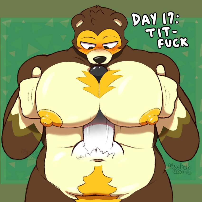 1:1 2021 animal_crossing anthro balls black_nose blush brown_body disembodied_penis duo english_text erection genitals gumbahgoo hi_res humanoid_genitalia humanoid_hands humanoid_penis ike_(animal_crossing) male male/male mammal moobjob moobs musclegut navel nintendo nipples overweight overweight_male penis profanity solo_focus text ursid video_games