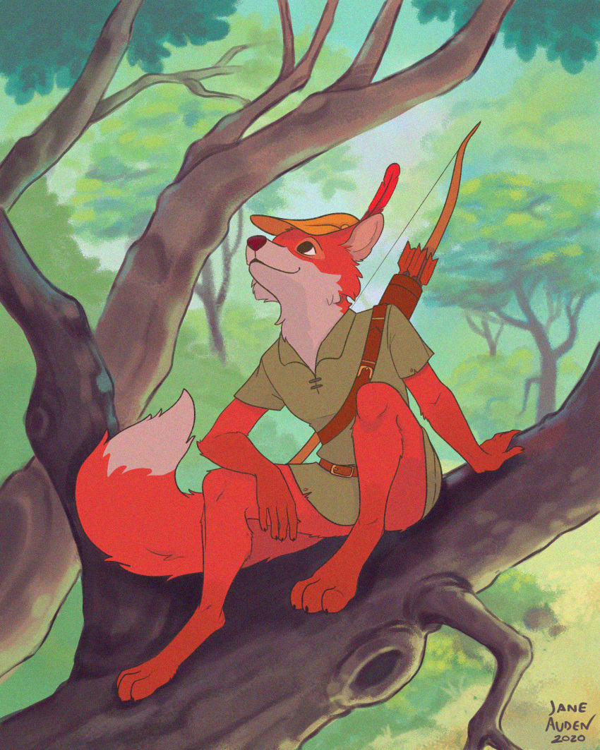 2020 3_toes 4:5 absurd_res anthro arrow barefoot biped black_eyes bottomless bow_(weapon) canid canine claws clothed clothing detailed_background digital_media_(artwork) digitigrade disney feet forest fox fur green_clothing headgear headwear hi_res looking_up male mammal merlinmakes multicolored_body multicolored_fur orange_body orange_fur plant quiver ranged_weapon red_feather robin_hood robin_hood_(disney) signature sitting solo toes tree two_tone_body two_tone_fur weapon white_body white_fur