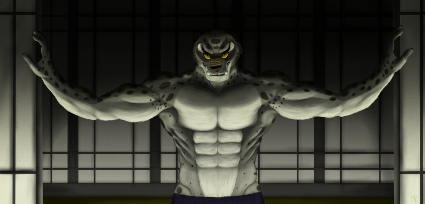 abs absurd_res angry anthro biceps black_claws blue_bottomwear blue_clothing blue_shorts bottomwear brown_nose claws clenched_teeth clothed clothing dark door doorway dreamworks evil_grin eyebrows fangs felid feline fingers front_view fur glare glowing glowing_eyes grey_body grey_fur grin growling hi_res kung_fu_panda looking_at_viewer male mammal muscular muscular_anthro muscular_male night obliques pantherine pinup pose presenting shirtless shorts skydrathewanther smile smirk snow_leopard solo solo_focus spots spotted_body standing stare tai_lung_(kung_fu_panda) teeth topless triceps white_body white_fur wood_floor yellow_eyes