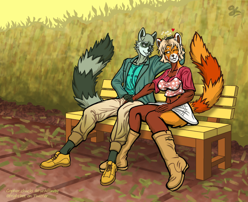 ailurid anthro autumn band_shirt bedroom_eyes bench billy_anderson blonde_hair blue_oyster_cult boots bottomwear breasts clothing crop_top curvy_figure dress_shoes duo fan_character female fluffy fluffy_tail footwear gopher_chucks grey_body hair hand_holding hand_in_hair hand_on_leg hand_on_thigh head_pat head_rub head_tuft hi_res jacket leaf love male male/female mammal medium_breasts narrowed_eyes one_eye_closed orange_body overcast park park_bench pattern_clothing pattern_topwear perspective petting plant procyonid raccoon red_panda romantic romantic_couple seductive shirt short_hair shrub skirt sky smile spots spotted_clothing spotted_topwear topwear touching_hair tuft yellow_sky
