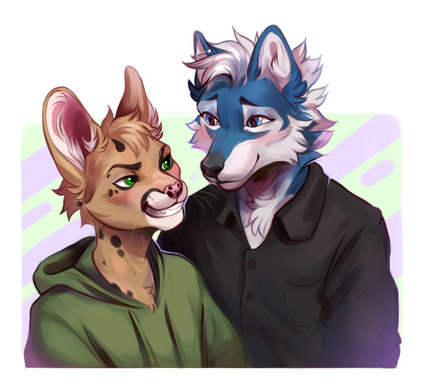 2021 anthro blue_body blue_fur canid canine clothed clothing dannonitan digital_media_(artwork) duo felid feline fur green_clothing green_eyes green_hoodie green_topwear hair hi_res hoodie male mammal smile topwear