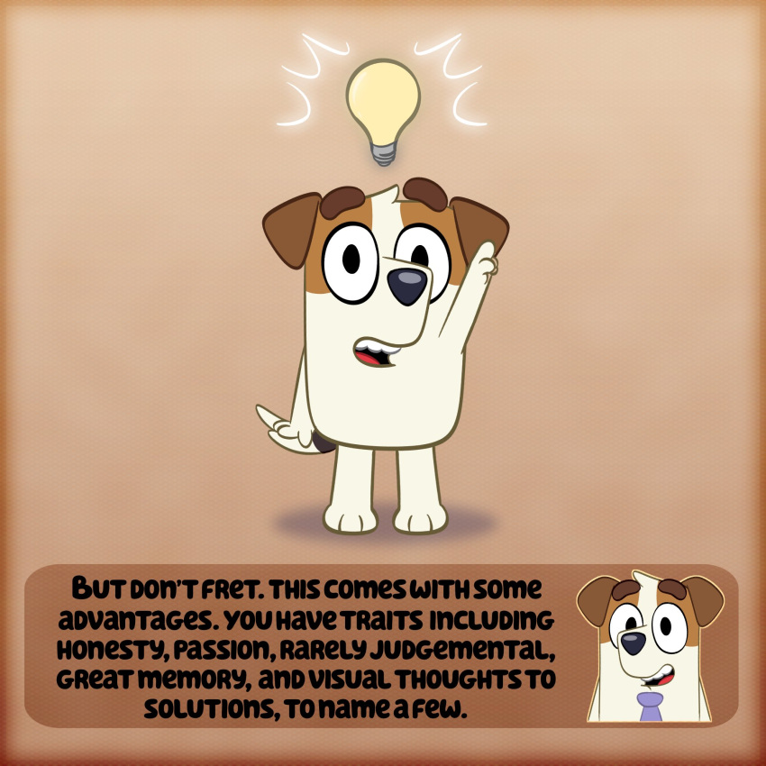 1:1 2021 anthro bluey_(series) canid canine canis dialogue digital_media_(artwork) domestic_dog educational english_text floppy_ears fur gesture happy hi_res hunting_dog idea_bulb inklingbear_(artist) jack_(bluey) jack_russell_terrier light_bulb male mammal multicolored_body multicolored_fur multiple_images necktie open_mouth paws pointing pointing_up shadow simple_background smile solo standing tan_background terrier text