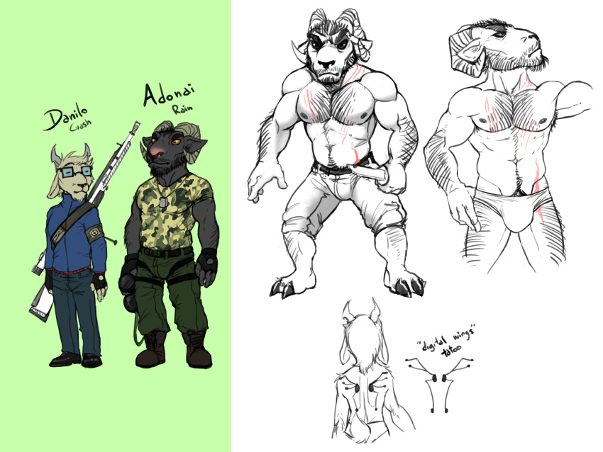 2016 2_horns 2_toes abs adonai_rain anthro anthro_on_anthro arm_hair armband back_tattoo belt_accessory big_biceps big_deltoids big_muscles big_pecs big_quads black_arms black_belt black_body black_clothing black_ears black_eyebrows black_face black_fingers black_footwear black_fur black_gloves black_hands black_handwear black_inner_ear black_neck black_nose black_shoes blue_bottomwear blue_clothing blue_jacket blue_pants blue_topwear body_hair boots bottomwear bovid briefs_only bristol brown_boots brown_clothing brown_footwear bulge camo camo_clothing camo_print camo_shirt camo_t-shirt camo_topwear caprine cheek_tuft chest_scar chin_tuft claws closed_frown closed_smile clothed clothed_anthro clothed_male clothing colored danilo_crash digital_media_(artwork) duo eyebrows facial_tuft feet fingerless_gloves flat_colors footwear front_view full-length_portrait fully_clothed fully_clothed_anthro fully_clothed_male fur gloves goat green_armband green_background green_bottomwear green_clothing green_pants green_shirt green_t-shirt green_topwear grey_clothing grey_footwear grey_horn grey_shoes gun handwear happy_trail head_horn head_tuft hi_res holding_knife holding_melee_weapon holding_object horn jacket knife larger_anthro larger_male leg_hair leg_scar looking_at_viewer looking_away looking_forward male male/male male_anthro mammal manly melee_weapon multicolored_clothing multicolored_footwear multicolored_shoes muscular muscular_anthro muscular_male neck_scar pants pattern_clothing pattern_shirt pattern_topwear pecs plantigrade portrait pubes ranged_weapon rear_view red_eyes rifle scar shirt shoes simple_background size_difference sketch skimpy slim_anthro slim_male smaller_anthro smaller_male sniper_rifle speedo speedo_only standing swimwear t-shirt tail_tuft tattoo toes topless topless_anthro topless_male topwear triceps tuft two_tone_clothing two_tone_footwear two_tone_shoes weapon white_background white_ears white_face white_fingers white_hands white_horn white_neck wide_stance yellow_sclera