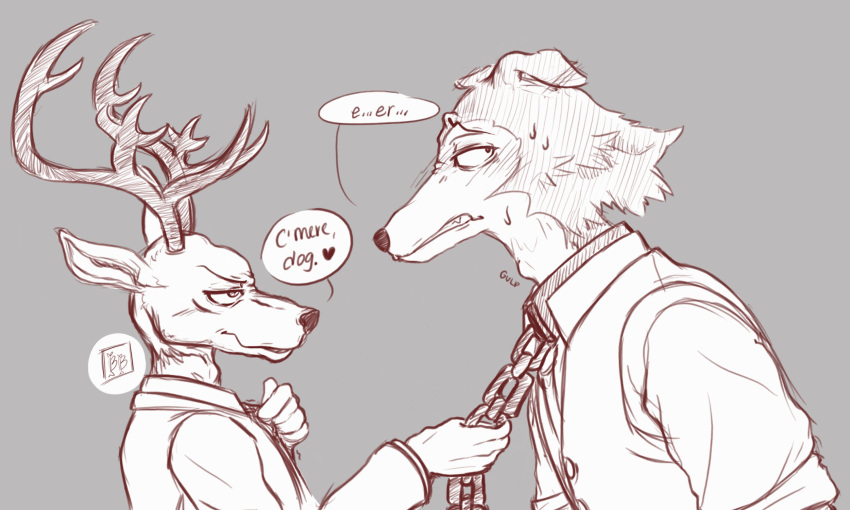 5:3 adam's_apple anthro antlers beastars bodily_fluids bonybonesss canid canine canis cervid chain chain_leash clothed clothing dialogue duo english_text hi_res horn leash leash_pull legoshi_(beastars) louis_(beastars) louis_pulling_legoshi male mammal necktie redraw signature sketch speech_bubble swallowing sweat text wolf