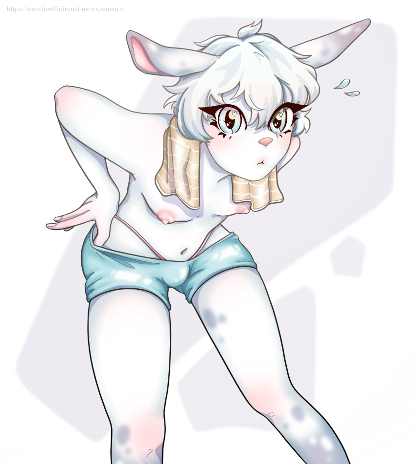 absurd_res anthro bottomwear bottomwear_pull clothing clothing_pull girly hi_res lagomorph leporid male mammal rabbit shorts shorts_pull solo white_rabbit x_ten_ten_x