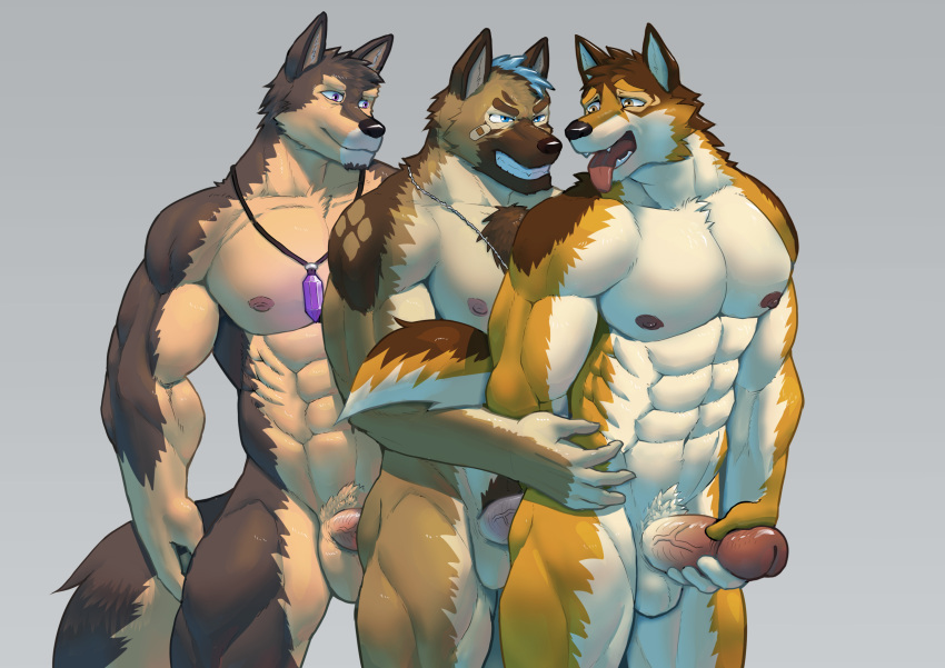 abs anthro balls barrel_(live-a-hero) biceps canid canine canis crystal domestic_dog erection genitals group group_sex hi_res humanoid_genitalia humanoid_penis jewelry lifewonders live-a-hero male male/male mammal muscular muscular_anthro muscular_male necklace nipples nude pecs penis pubraseer redwolfalang sex threesome train_position video_games wolf
