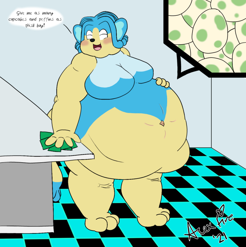 alexandrafire belly big_belly blue_hair chubby_cheeks diner egg eggbound female food hair haplorhine hi_res mammal money monkey nintendo obese overweight pok&eacute;mon pok&eacute;mon_(species) pregnant primate simipour solo thick_thighs video_games